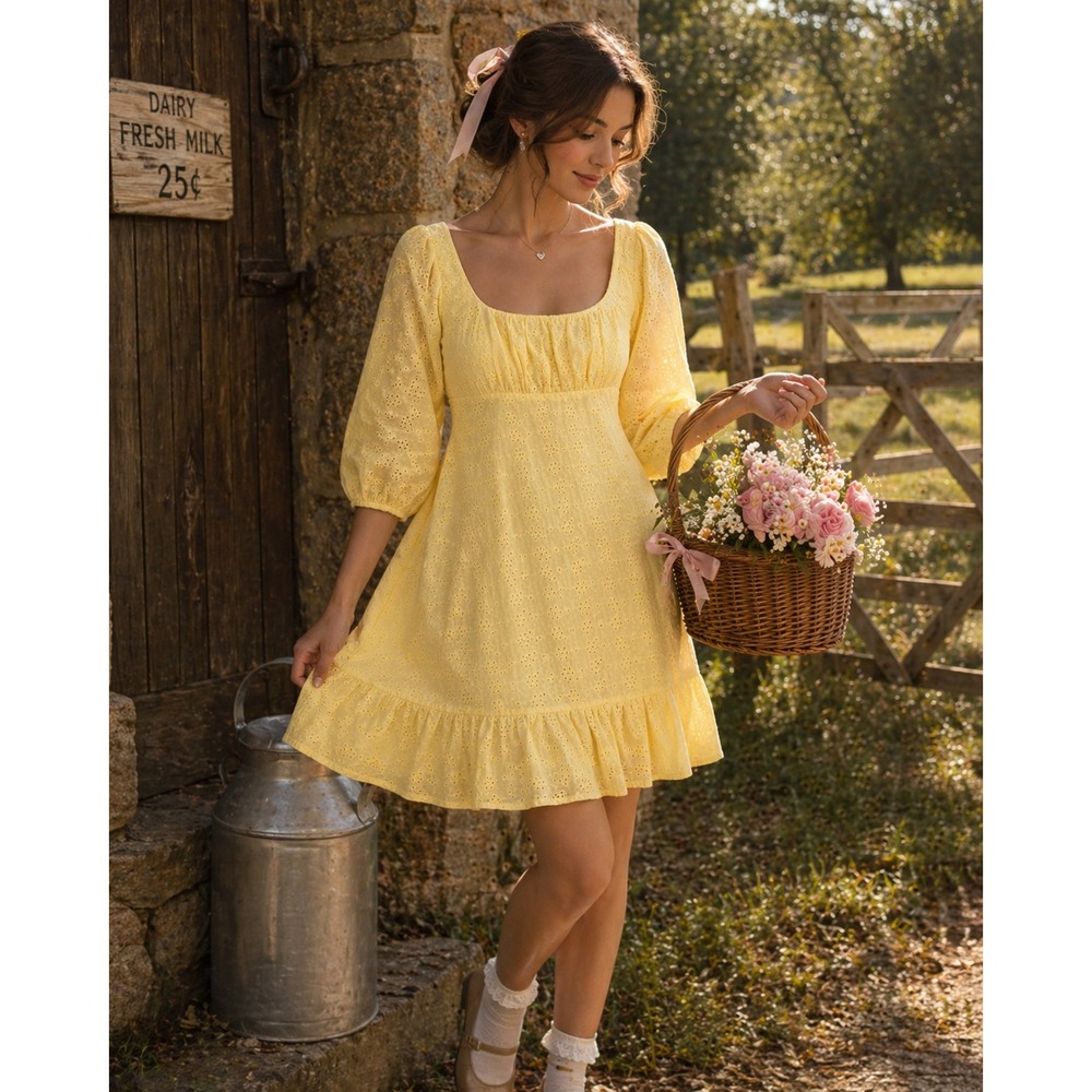 B. Darlin Yellow Eyelet Mini Dress Cottagecore Puff Sleeve Size 9/10 Y2K
